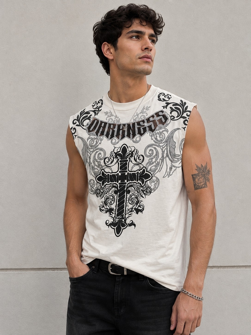 Rock Salt Sleeveless Graphic T-Shirt Men's Size M Vintage Cream